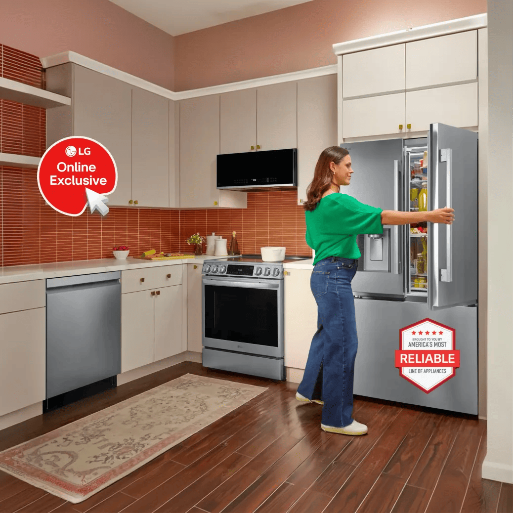 Woman in a green top opening a stainless steel LG French door refrigerator in a warm-toned kitchen with terracotta tile backsplash, built-in microwave, range, and dishwasher. An "LG Online Exclusive" badge appears on the left, with an "America's Most Reliable Line of Appliances" badge on the right.