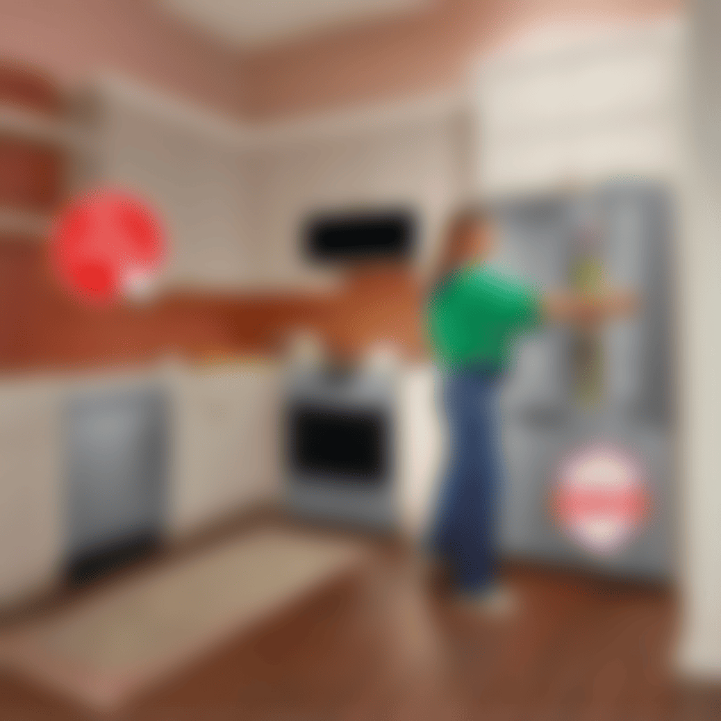 Woman in a green top opening a stainless steel LG French door refrigerator in a warm-toned kitchen with terracotta tile backsplash, built-in microwave, range, and dishwasher. An "LG Online Exclusive" badge appears on the left, with an "America's Most Reliable Line of Appliances" badge on the right.