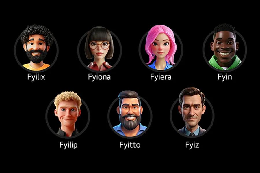 MINI_ANOALBK portable speaker featuring seven animated AI assistant avatars named Fyilix, Fyiona, Fyiera, Fyin, Fyilip, Fyitto, and Fyiz on black background