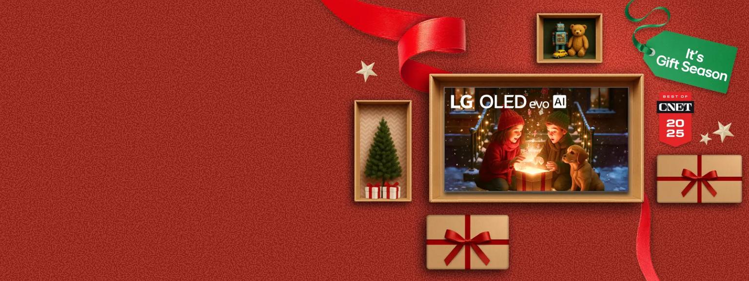 “It’s gift season” badge. Opened and unopened gift boxes appear in a cluster. Center box displays LG OLED TV. “Best of CNET 2025” badge.