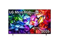 LG Micro RGB evo AI MRGB95, released in 2026, features a 86-inch display with a slim black bezel on low-profile feet, showcasing a vivid crystalline composition of sharply defined red, green, and blue light facets across the screen.