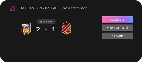 LG TV smart feature displaying Championship League score alert with options to watch live or on apps.