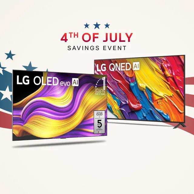 “4th of July Savings Event” title badge. A group of LG TVs on a stars and stripes background.