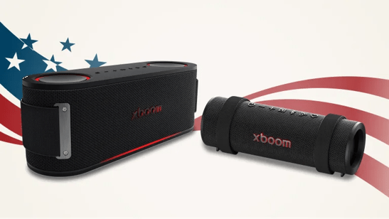 ”Labor Day Savings Event” title badge. 2 XBOOM speakers in a stars and stripes background.