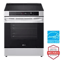 LG smart induction range with digital controls, in stainless steel. Next to it, the Energy Star certification badge and LG Reliability Badge that says, "Brought to you by America's most reliable line of appliances."