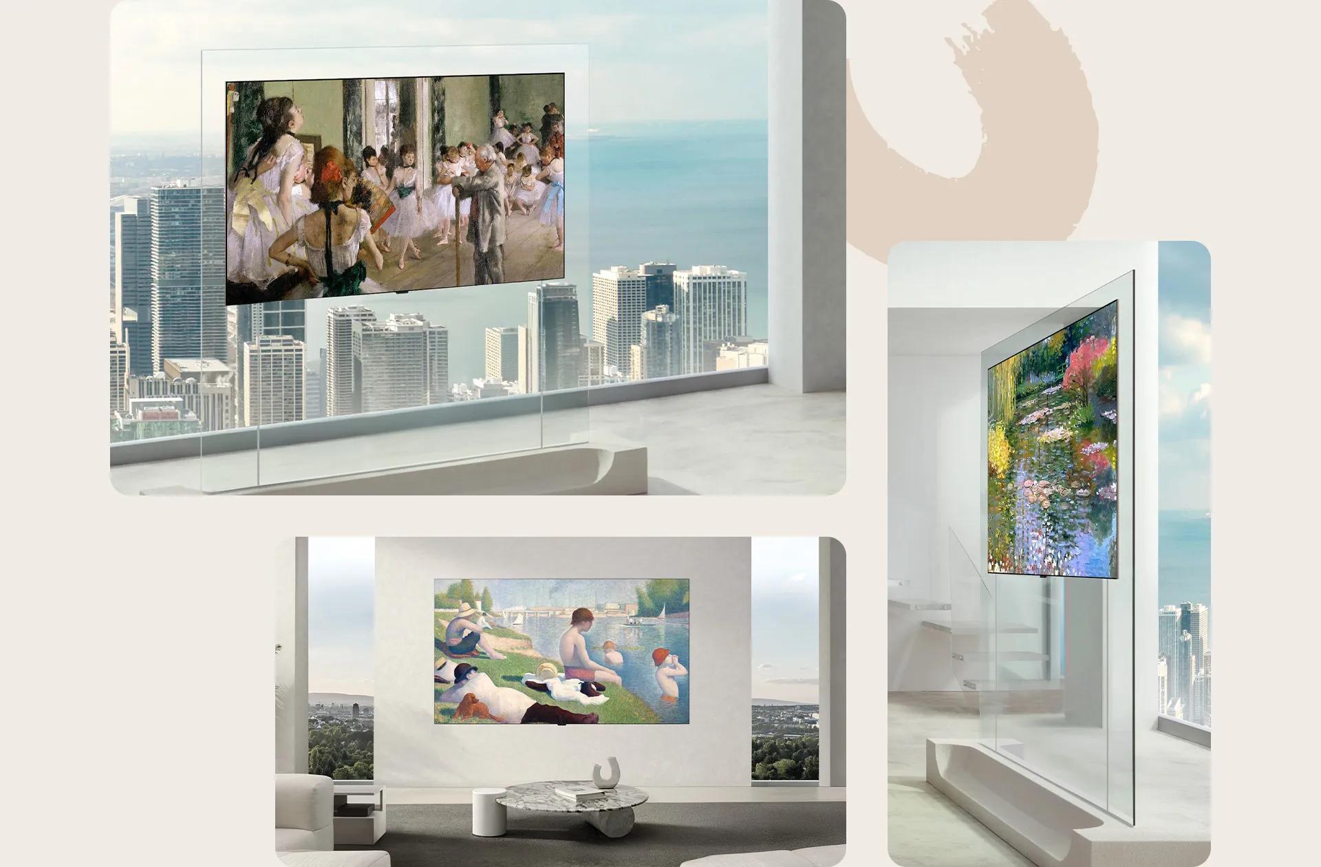 LG OLED evo W6 featuring its 9mm class thin Wallpaper Design shown from multiple angles to highlight innovation at its thinnest, including a sleek side profile and a front view displaying classical art that seamlessly blends into a sophisticated, gallery-like living space.