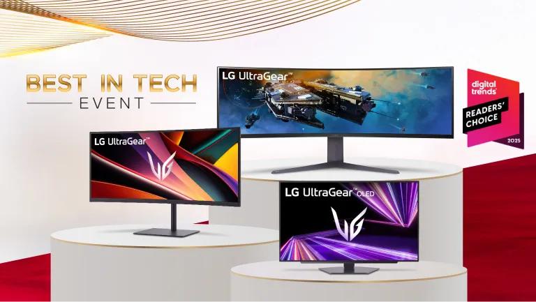 “Best in Tech Event” title badge. A group of various LG monitors on a red carpet. “Digital Trends Readers’ Choice 2025” badge.