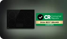LG induction cooktop with Consumer Reports 2026 Best Brand Cooktops badge.