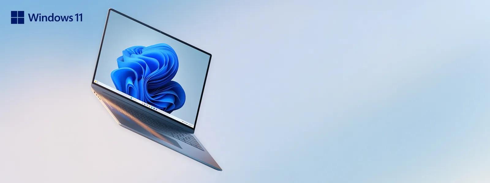 Open LG gram laptop running Windows 11 with blue swirl wallpaper on screen, angled against a light gradient background.