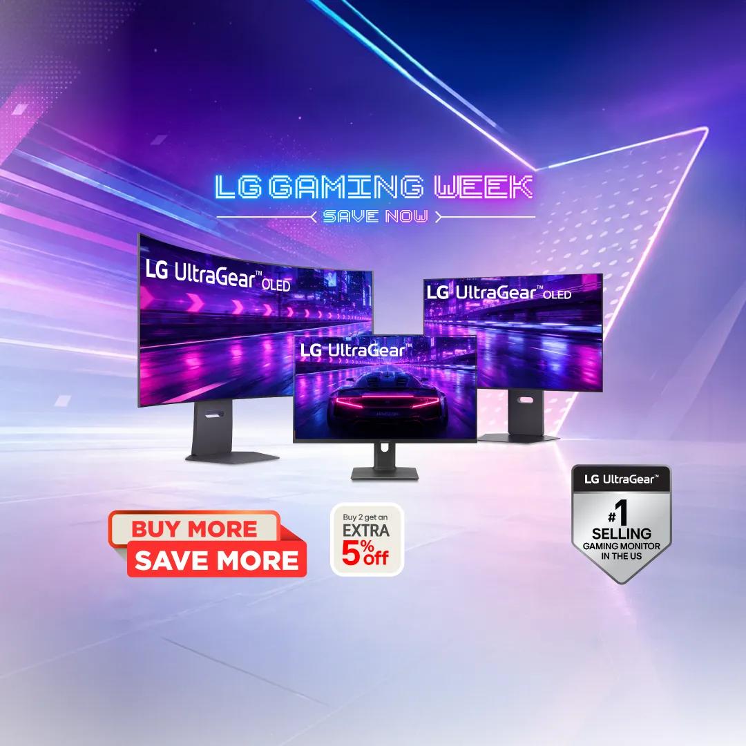 LG Gaming Week promo: three UltraGear monitors (one curved OLED, one flat, one widescreen OLED) on a dark blue/purple gradient background with neon light streaks. Text reads "LG GAMING WEEK – SAVE NOW," with badges for "Buy More Save More," "Buy 2 get an extra 5% off," and "#1 Selling Gaming Monitor in the US."