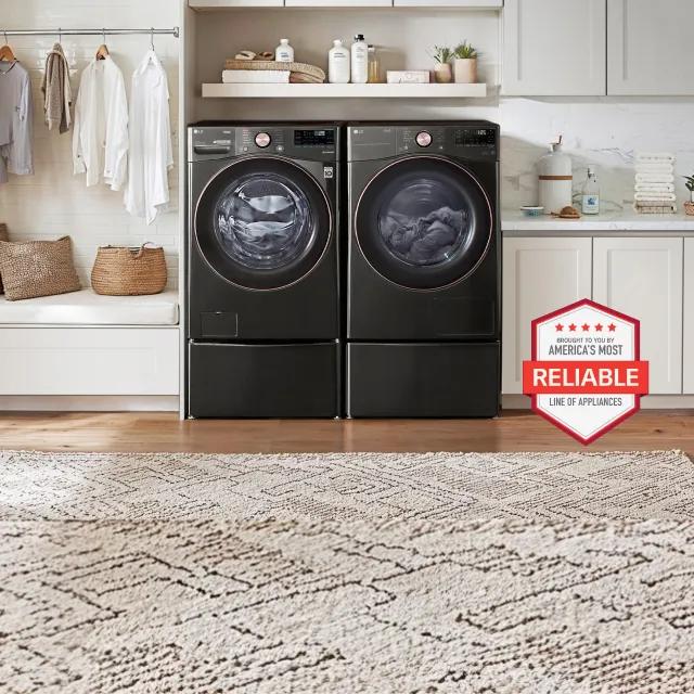 LG front-load washer and dryer set on pedestals in a laundry room, with Brought to You by America's Most Reliable Line of Appliances badge.