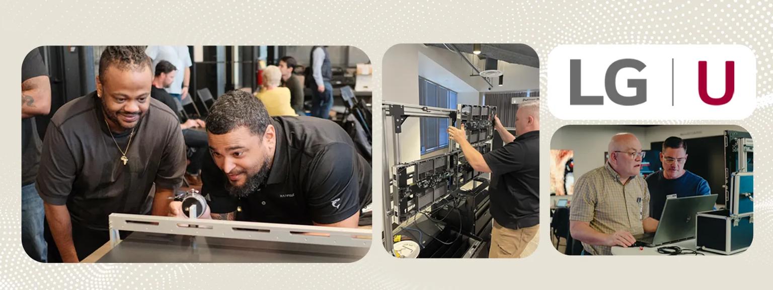 Photo tiles on a warm beige background showcase LG U attendees learning about LG DVLED and other LG technology