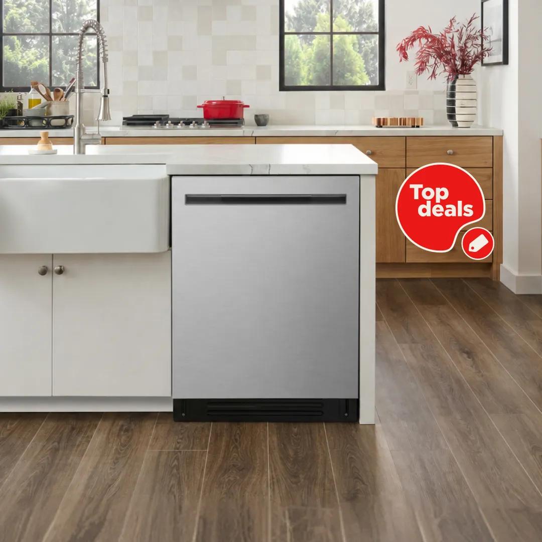 An LG top control dishwasher in a stylish kitchen setting. “Top Deals”, badge. 