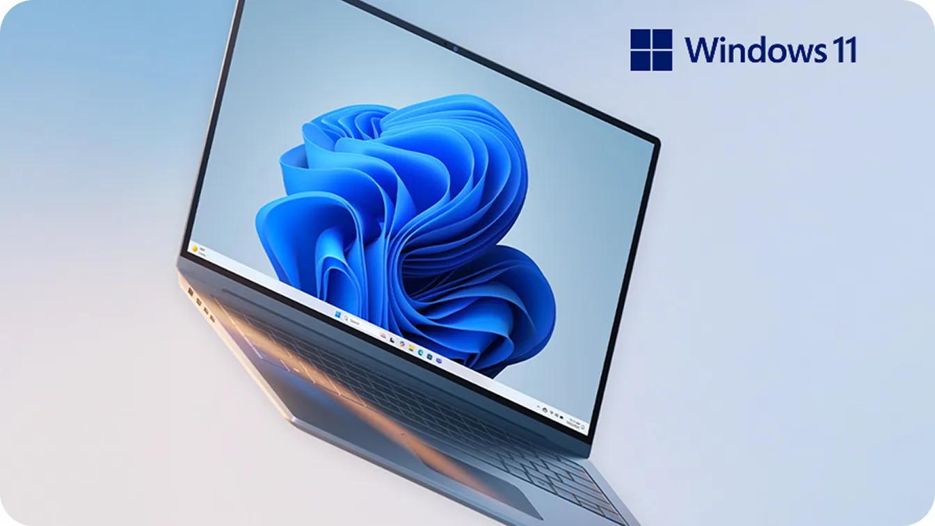 Open LG gram laptop running Windows 11 with blue swirl wallpaper on screen, angled against a light gradient background.