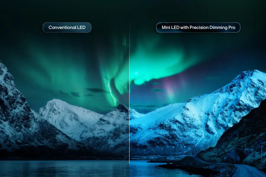 115QNED92BU LG QNED TV comparison showing Conventional LED versus Mini LED with Precision Dimming Pro displaying enhanced aurora colors over snowy mountains