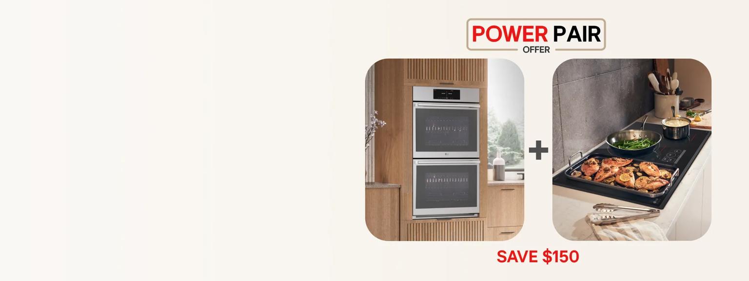 “Cooking Power Pair Offer” title badge. A double wall oven appears next to various items on a cooktop. “Save $150” text below.