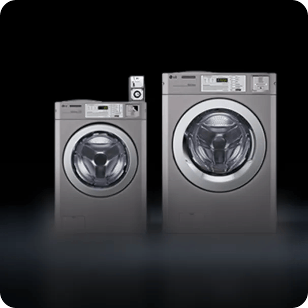 LG commercial front-load washing machines displayed against a dark background