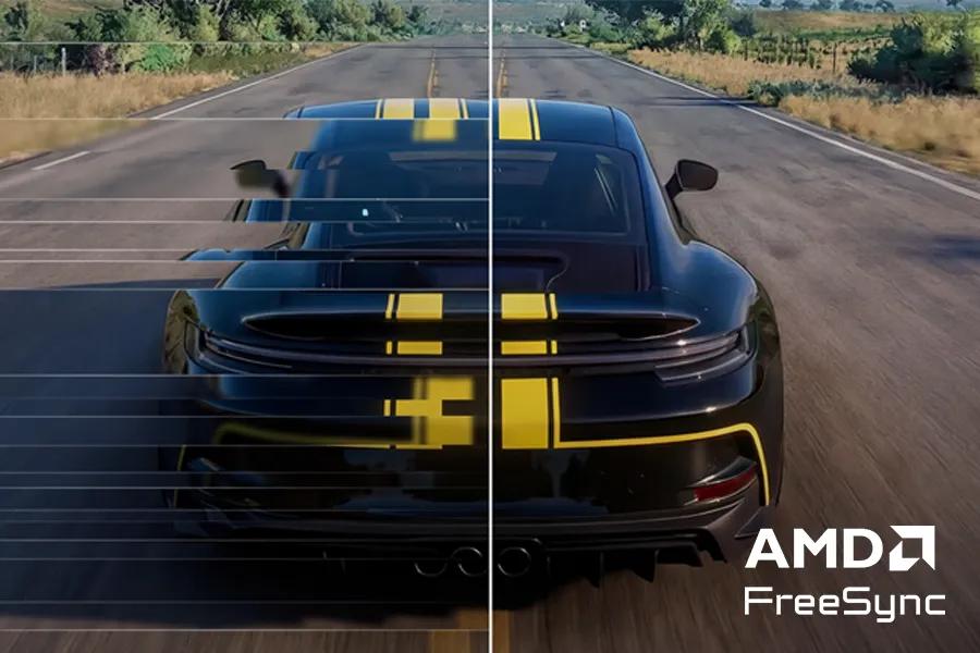 LG 32G403B-B UltraGear Monitor AMD FreeSync feature showing smooth gaming visuals with sports car on road