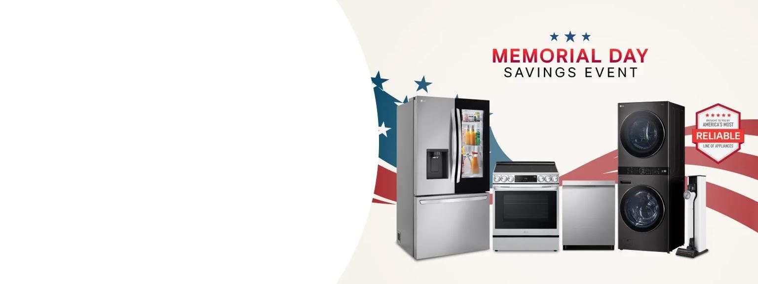 A group of LG home appliances in front of graphic of American Flag. “Memorial Day Savings Event” badge appears above. 