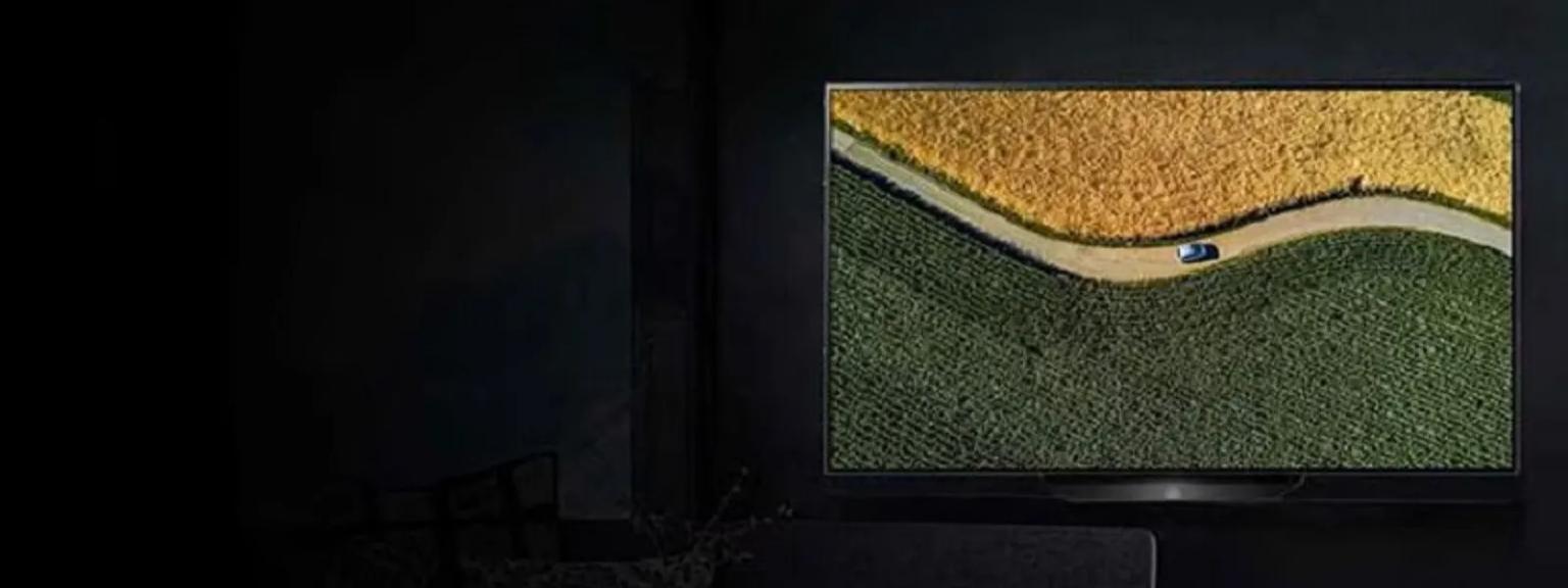 LG ThinQ AI TV with Google Assistant integration, showcasing a vibrant landscape image in a modern living room setting.