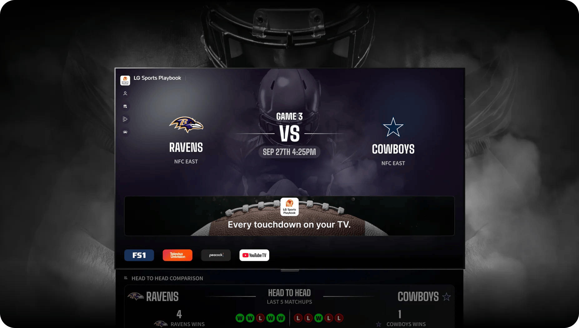 LG Sports Playbook on an LG TV showing Game 3 Ravens vs Cowboys NFC East Sep 27th 4:25PM with Every touchdown on your TV. featuring FS1, Televisa Univision, Peacock, and YouTube TV, and Head to Head Comparison Last 5 Matchups Ravens 4 Ravens Wins Cowboys 1 Cowboys Wins