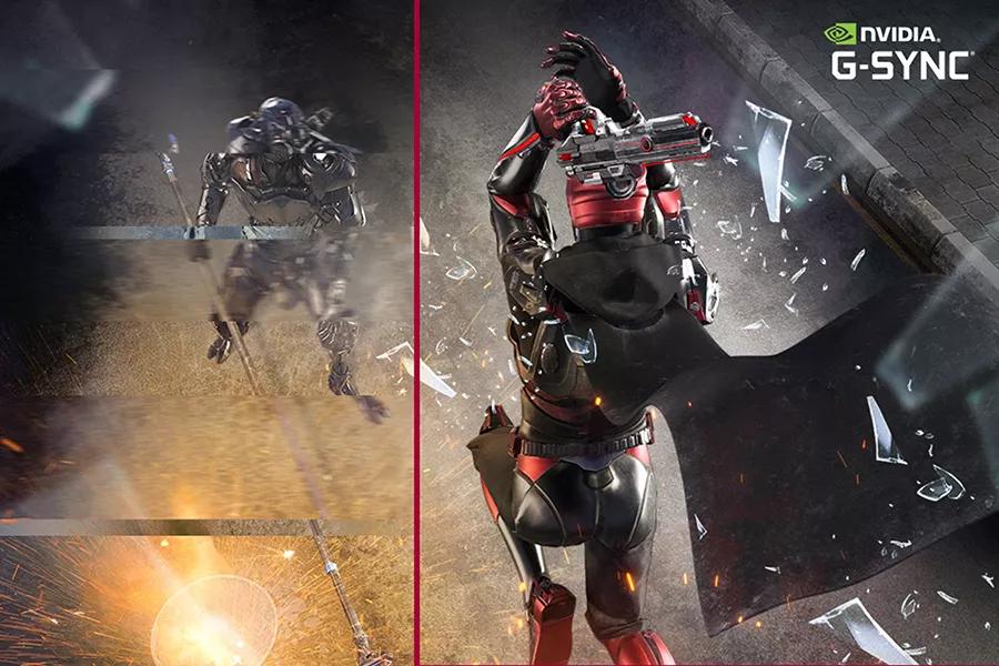 comparison of the gaming scene with g sync compatible off and another scene with the mode on providing a smoother faster gaming experience