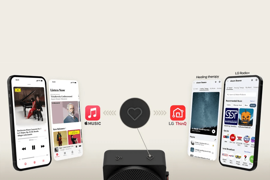 MINI_ANOALBK portable speaker showing connectivity between Apple Music and LG ThinQ apps with music streaming interfaces displayed on smartphone screens