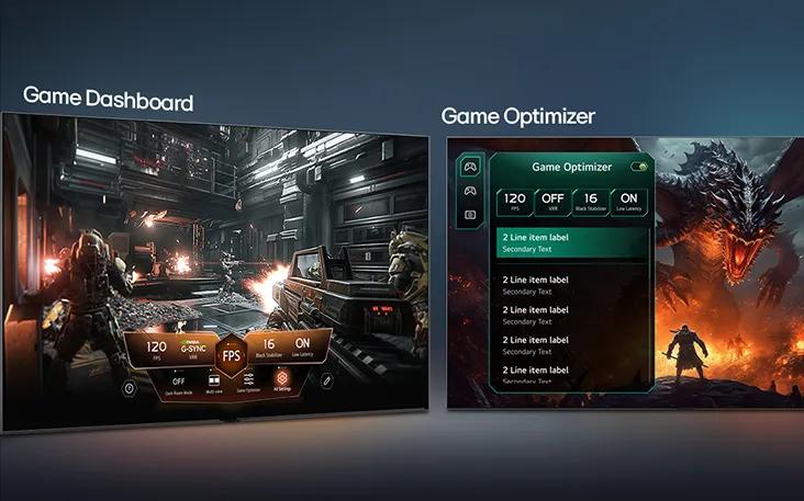 LG TV with Game Dashboard and Optimizer shows side-by-side game screens and an on-screen menu for adjusting gameplay settings such as refresh rate, latency, and visual modes in real time. 