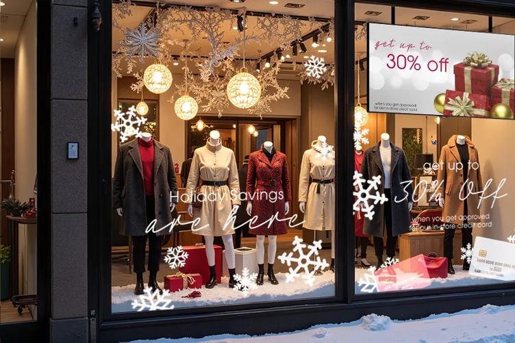 A wintry storefront display, with LG Transparent DVLED film over the windows advertising the in-store credit card and holiday shopping deals.