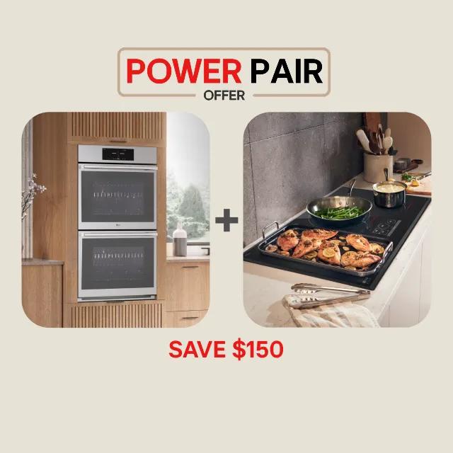 Woman cooking on an LG Range in a kitchen. Group of appliances to the left and text reading “Get $150 Instant Savings”.