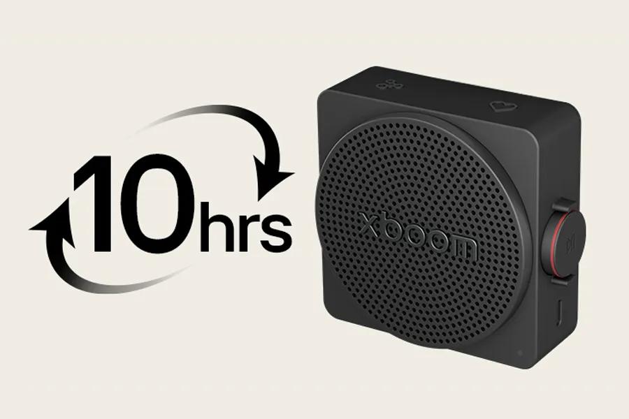 MINI_ANOALBK portable speaker with 10 hours playback time feature showing square black design with perforated speaker grille and side control button