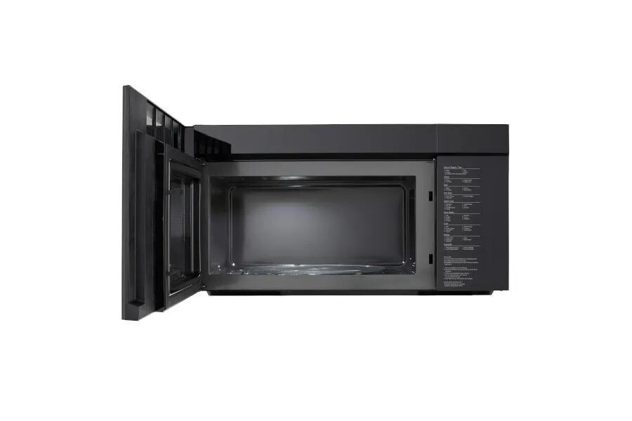 LG MVEL2035Z Over-the-Range Microwave with door open showing empty interior cavity and EasyClean feature