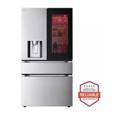 A badge next to this LG refrigerator says, Brought to you by America's most reliable line of appliances.