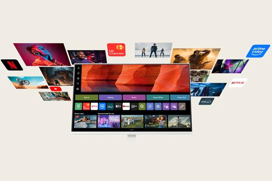 27U511SB-W Monitor displaying streaming apps and content with thumbnails of shows and movies floating outward