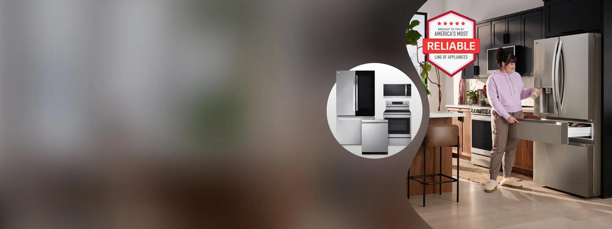 Desktop image; A woman stands beside a LG refrigerator in a modern kitchen setting, showcasing a America's most reliable LG home appliances.