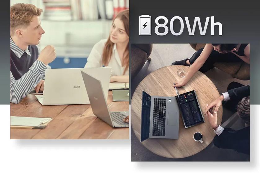 Two office professionals work together at a table with LG mobile thin clients. A battery graphic is besides the text 80Wh.