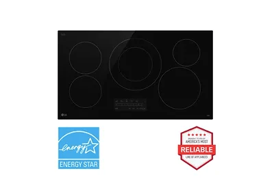 A top-down image of an LG CBEW3613BE electric cooktop next to a red 'Brought to you by American's Most Reliable Line of Appliances' badge and a blue 'ENERGY STAR® certified' badge.