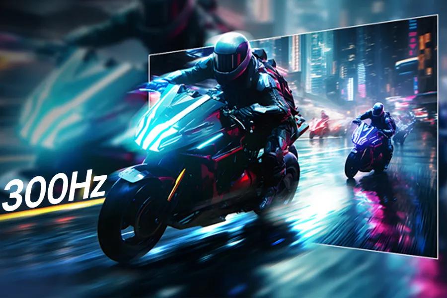LG 27G64NA-B UltraGear Monitor with 300Hz refresh rate displaying futuristic motorcycle racing game
