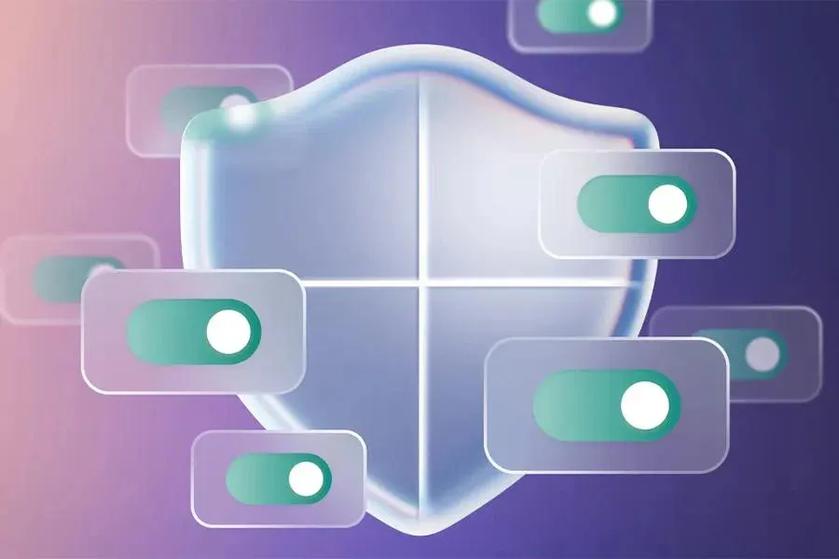 Shield icon with stylized toggle switches to indicate security