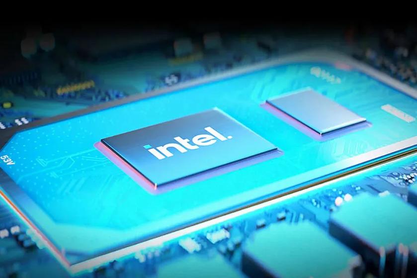 A glowing computer chip with the Intel logo on it.