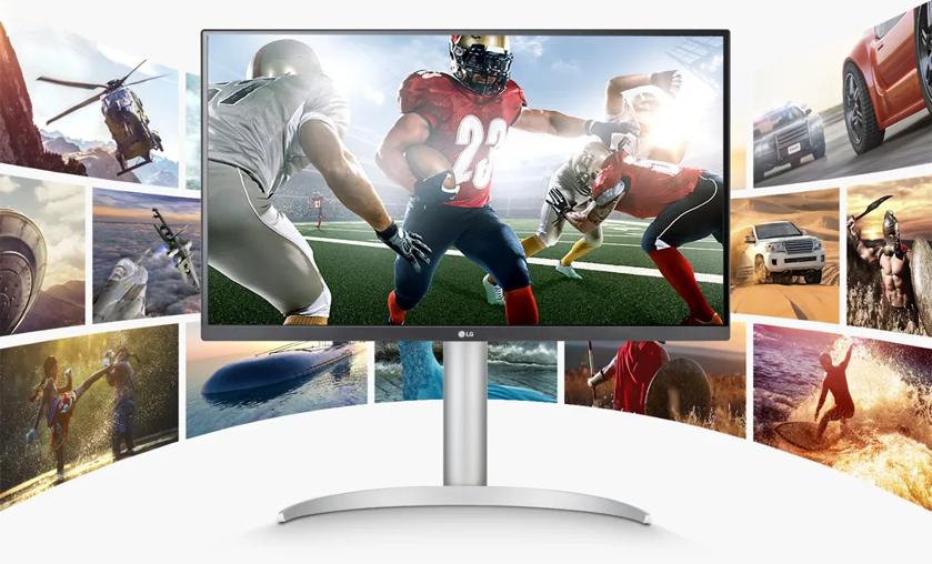 LG monitor displaying an American football scene with additional diverse images on the sides.