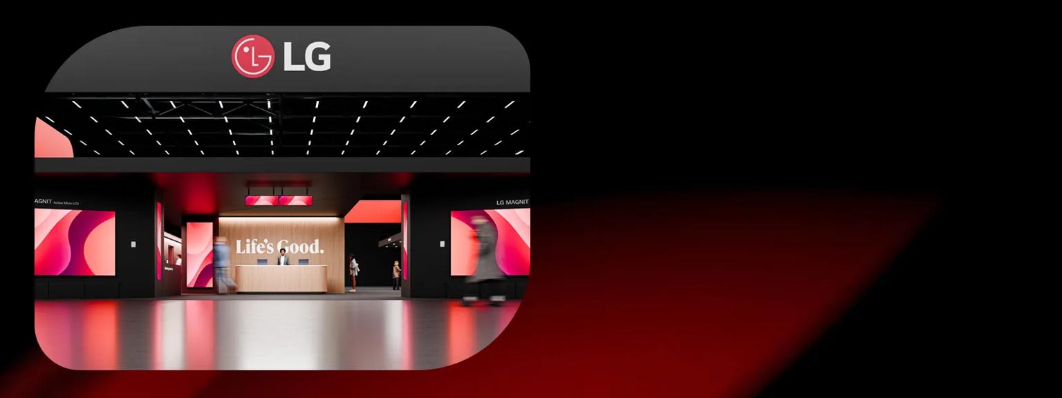 Image of LG InfoComm 2026 booth on a black and red background