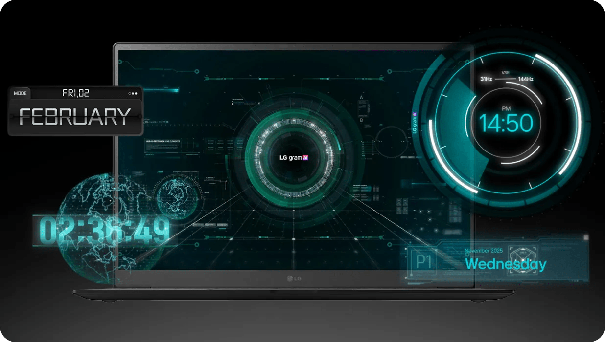 Futuristic display showing a laptop screen with digital graphics, including a large circular clock displaying 14:50, and holographic elements like a calendar with Friday, February, a countdown 02:36:49, and Wednesday in the bottom right corner.