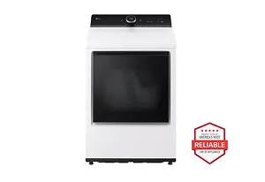 A front-facing image of the LG DLGX8601WE top load dryer next to a red 'America's most reliable line of home appliances' badge.