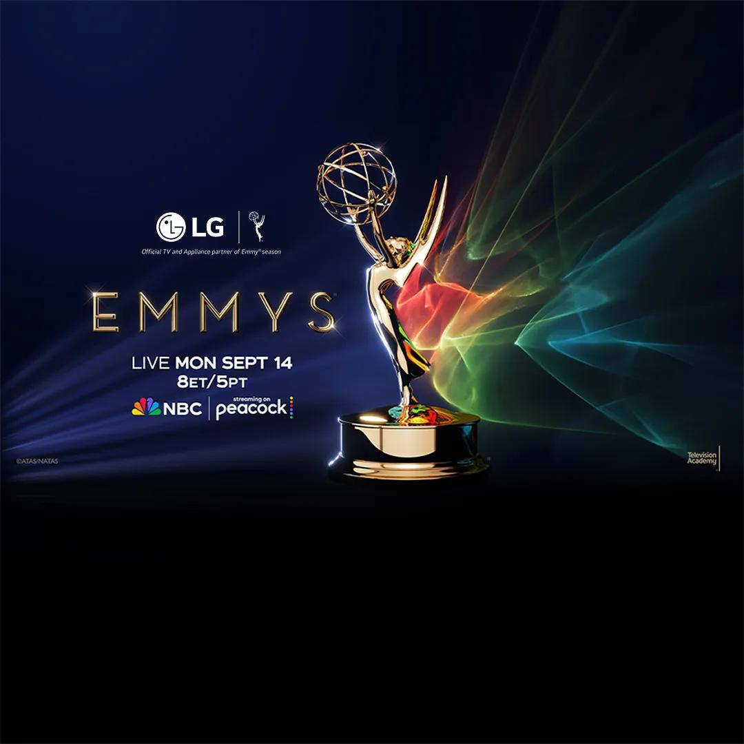 Emmy Award statuette with colorful light effects. LG logo with text: Official TV and Appliance partner of Emmy® season. EMMYS. LIVE MON SEPT 14 8ET/5PT. NBC | streaming on Peacock. ©ATAS/NATAS. Television Academy.