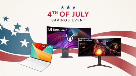 “4th of July Savings Event” title badge. A group of LG laptops and monitors in a stars and stripes background.