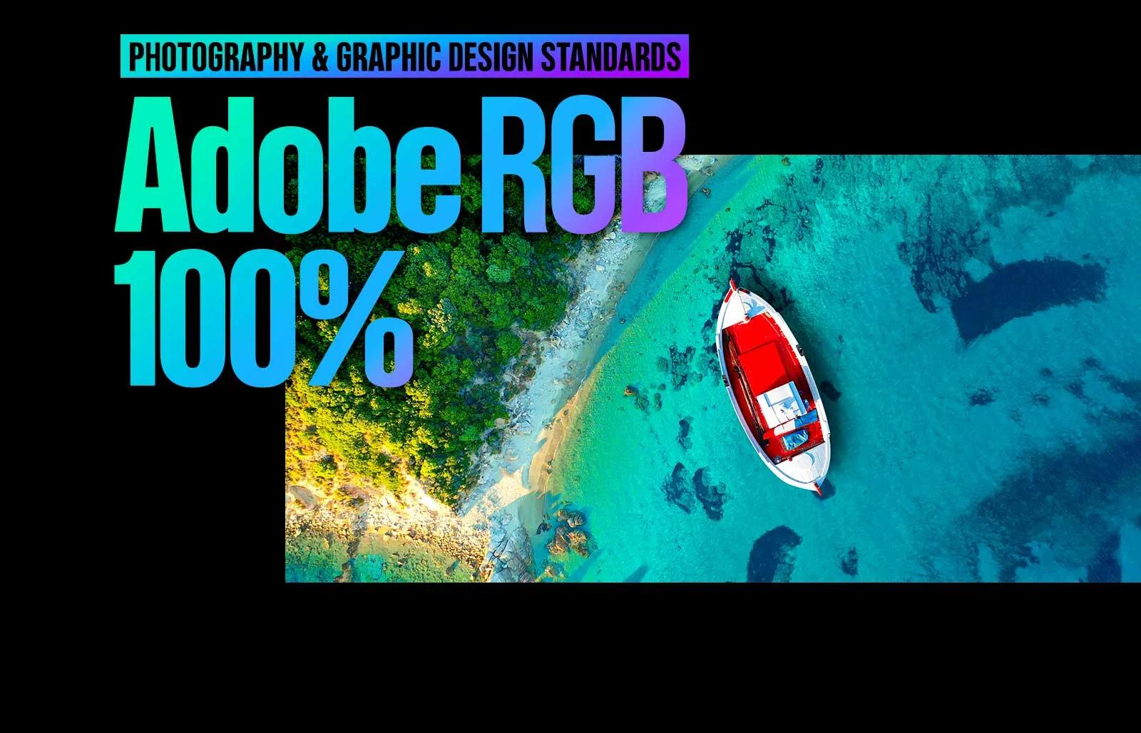 LG Micro RGB evo TV with certified triple 100% color coverage supports Adobe Color 100% photography and graphic design standards, presenting an aerial view of turquoise water to highlight refined, accurate color detail.