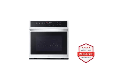 A front-facing image of an LG WSEP4727F single wall oven next to a red 'Brought to you by America's Most Reliable Line of Appliances' badge.