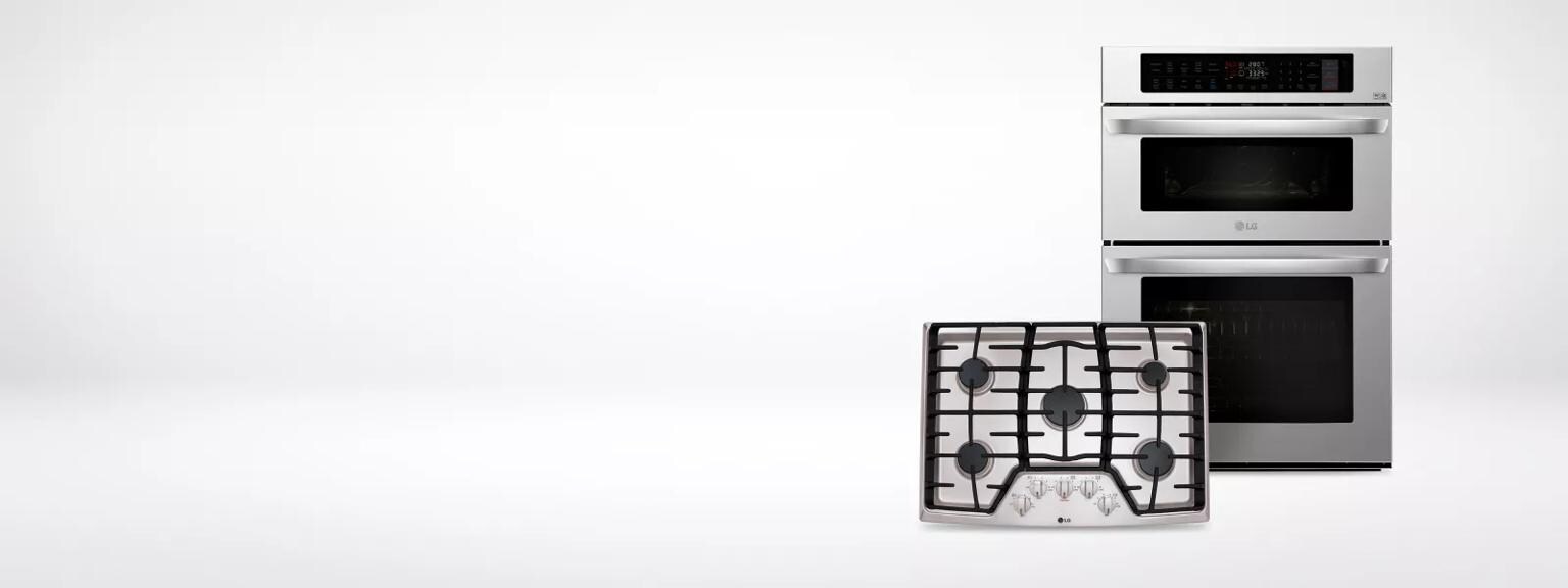 An LG Wall Oven and cooktop appear side-by-side on a white background