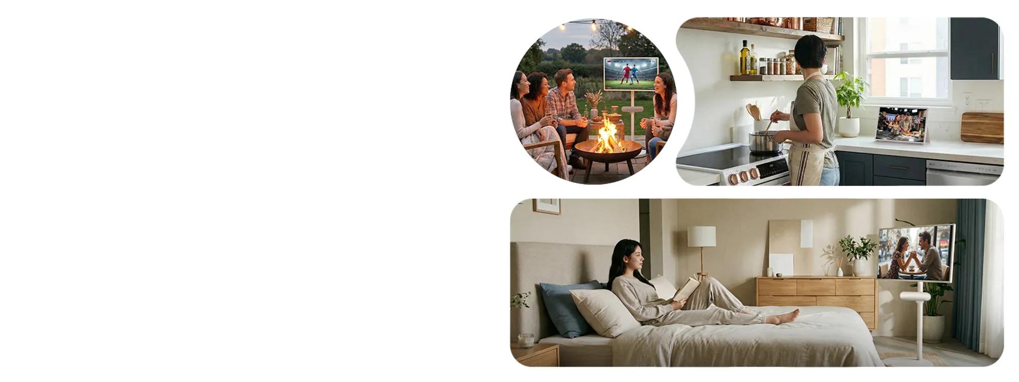 LG TV lifestyle scenes showing friends gathered around a fire pit watching an outdoor TV, a person cooking in a kitchen with a TV on the counter, and a woman relaxing on a bed reading while a TV on a stand plays nearby.